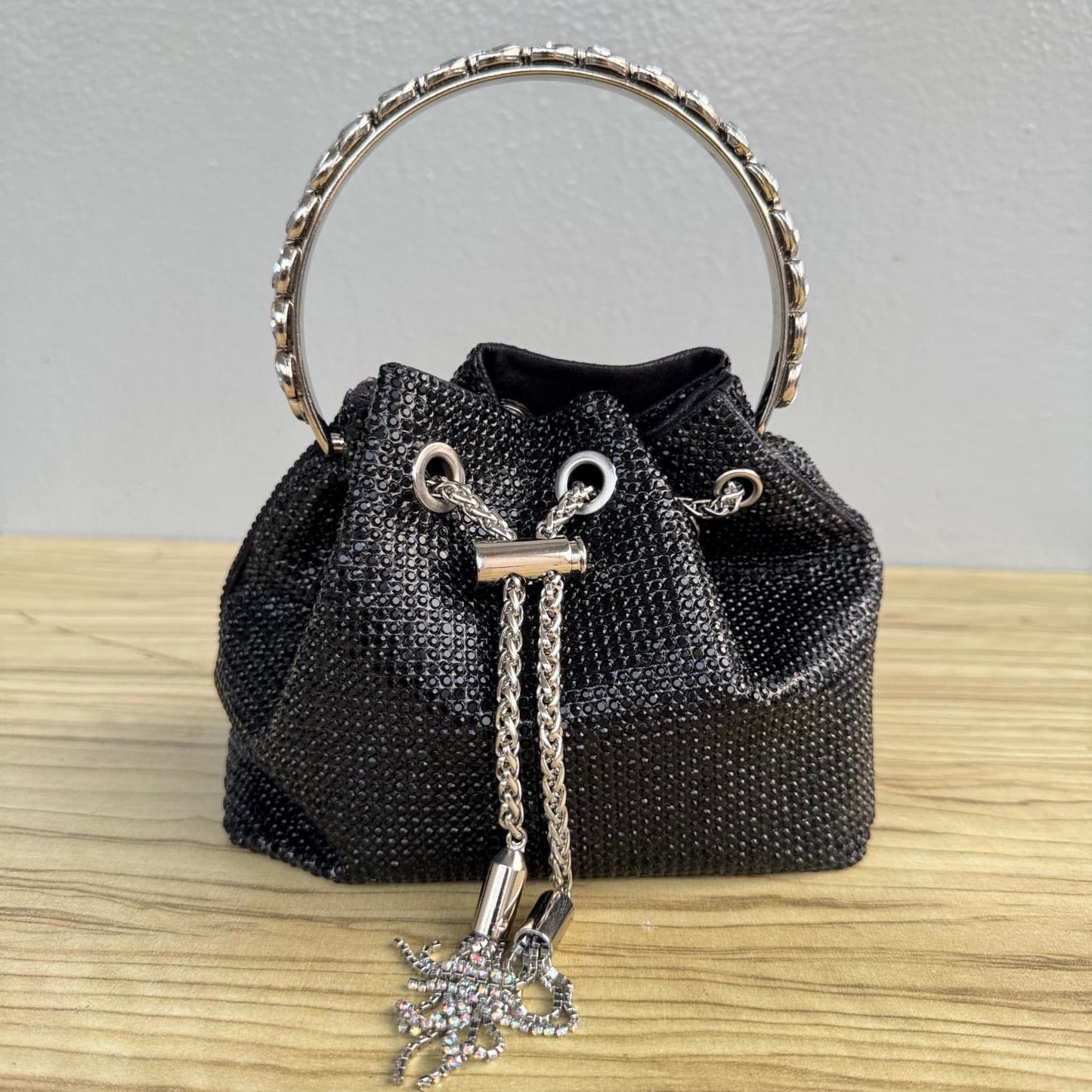 Ring Handle Rhinestone Drawstring Bucket Clutch Bag