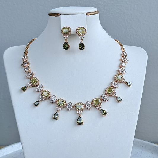 Olive Green Luxury Necklace and Earring Cubic Zirconia Jewelry Set