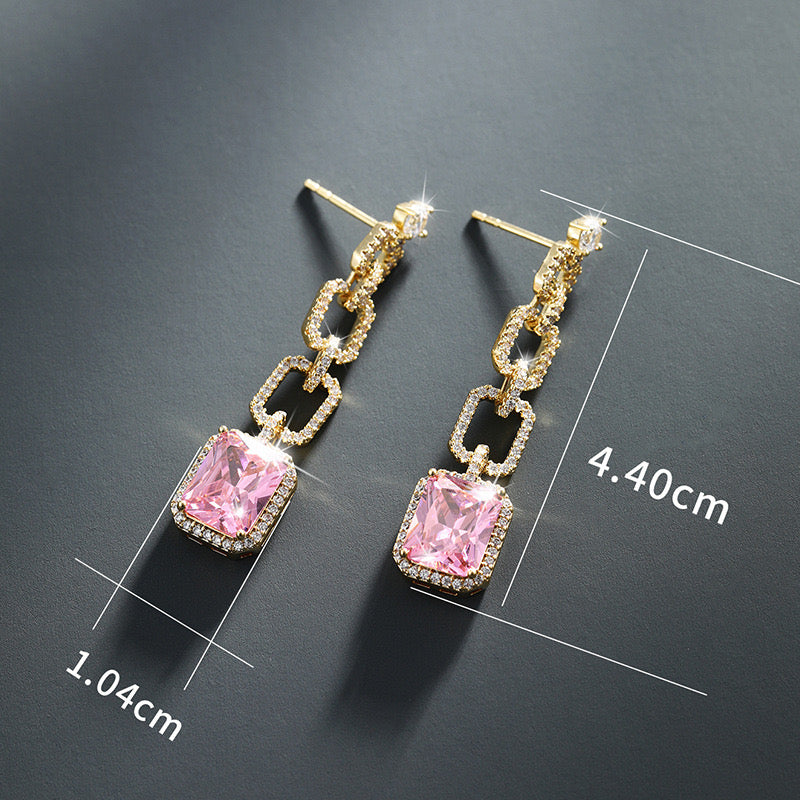 Gold Plated Chain Link Drop Earrings - Pink