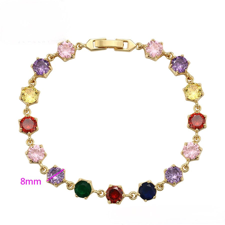 Multicolour Cubic Zirconia Round Tennis Bracelet - Gold