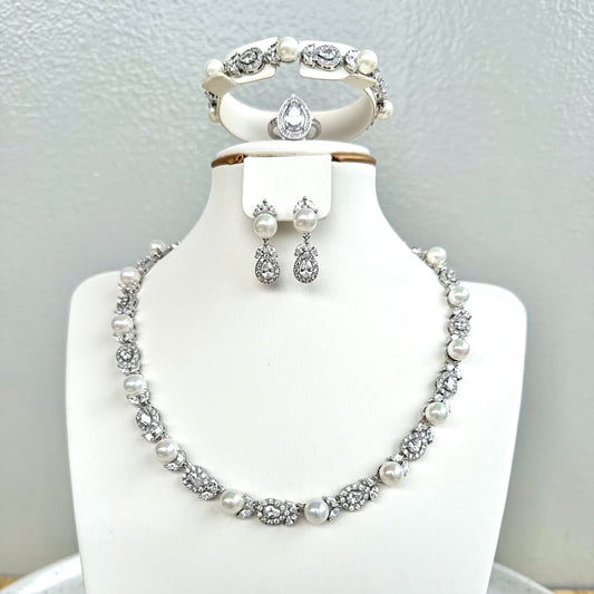 Pearl Round Cubic Zirconia Complete Jewelry Set - Silver