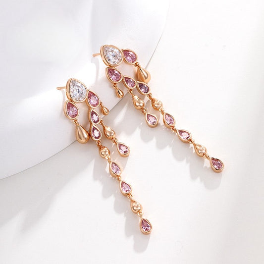 Gold Plated Tassel Long Earrings - Pink