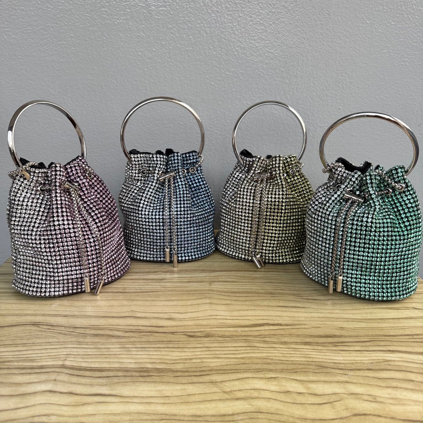 Ombre Rhinestone Ring Handle Drawstring Bucket Clutch Bag