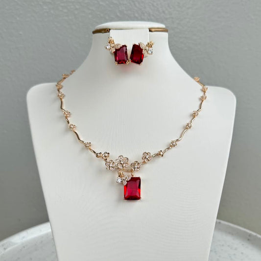 Gold Tone Floral Cubic Zirconia Necklace and Earring Jewelry Set - Red