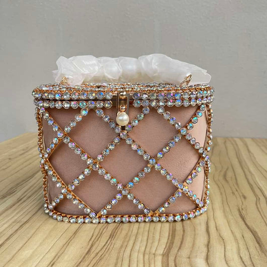 Lattice Rhinestone Cage Clutch with Pearl Handle - Nude