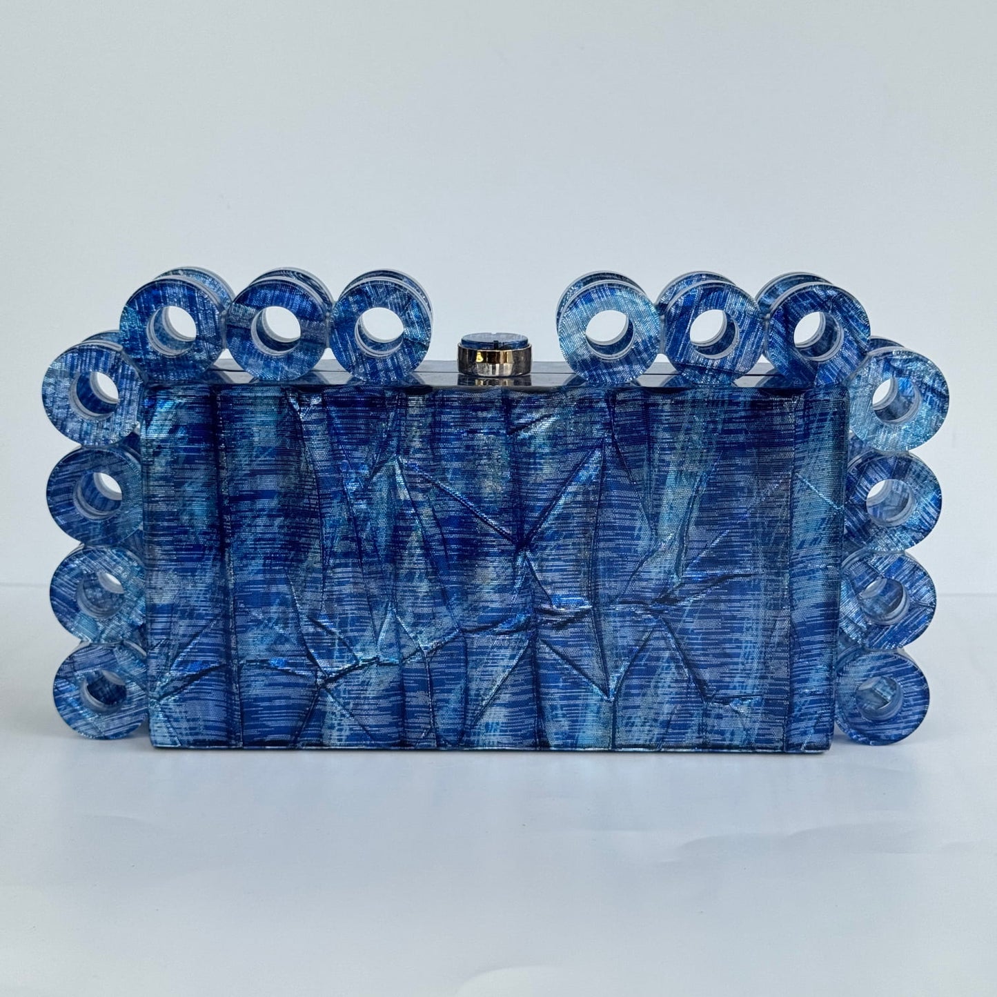 Luxury Crinkled Fabric Detail Acrylic Clutch Purse - Blue