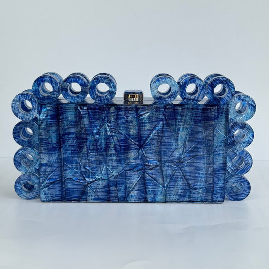 Luxury Crinkled Fabric Detail Acrylic Clutch Purse - Blue