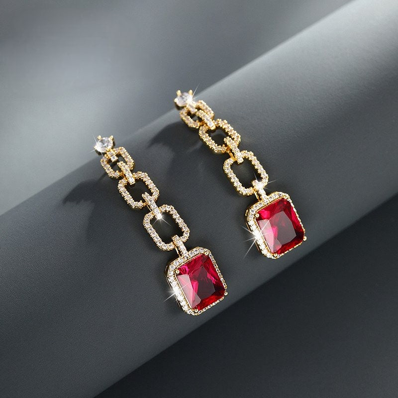 Gold Plated Chain Link Drop Earrings - Ruby Red