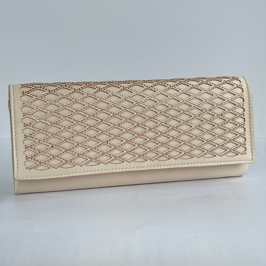 Lattice Crystal Detail Envelope Fabric Clutch Purse - Champagne