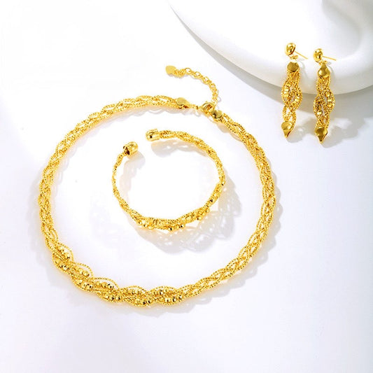 24K Gold Plated Weave Cord Necklace, Earrings and Bangle Set