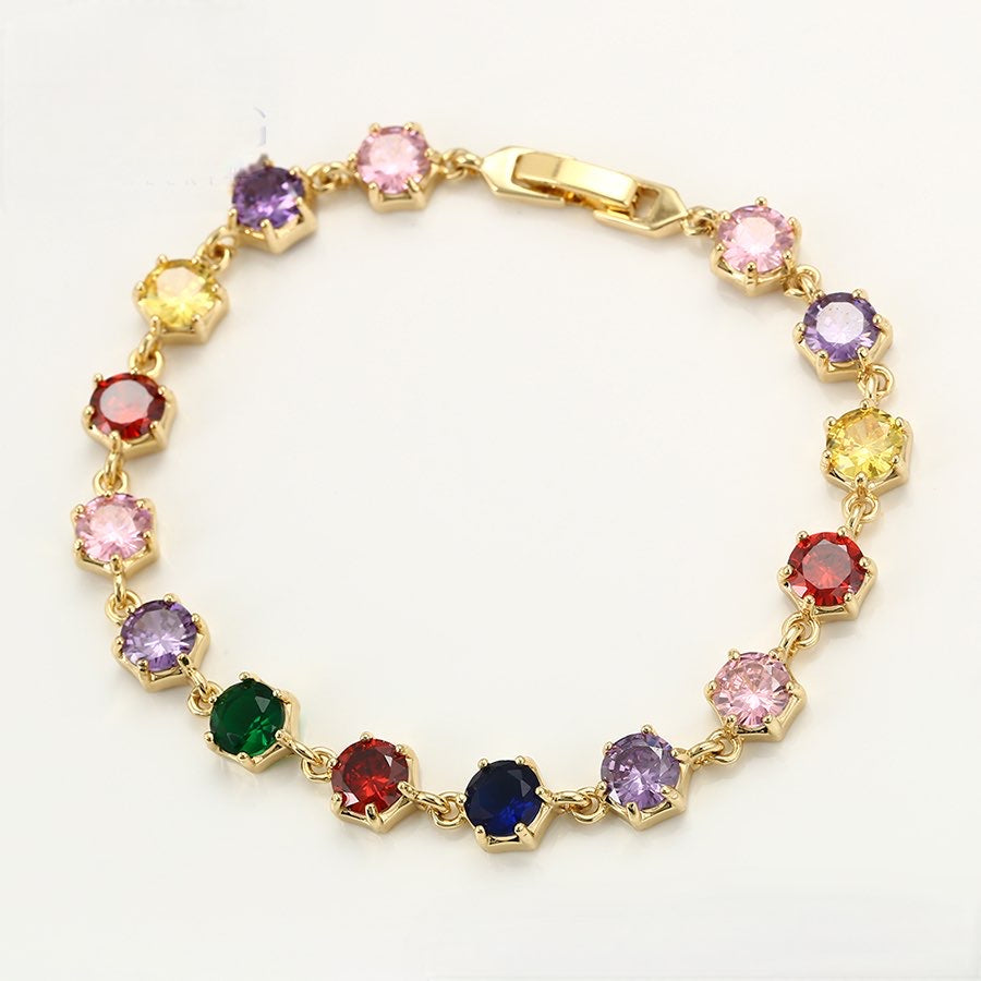 Multicolour Cubic Zirconia Round Tennis Bracelet - Gold