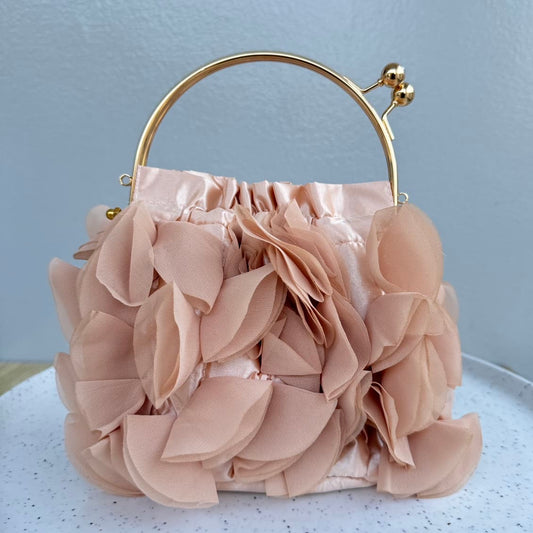 Satin Ruffle Detail Kiss Lock Clutch Bag - Rosegold