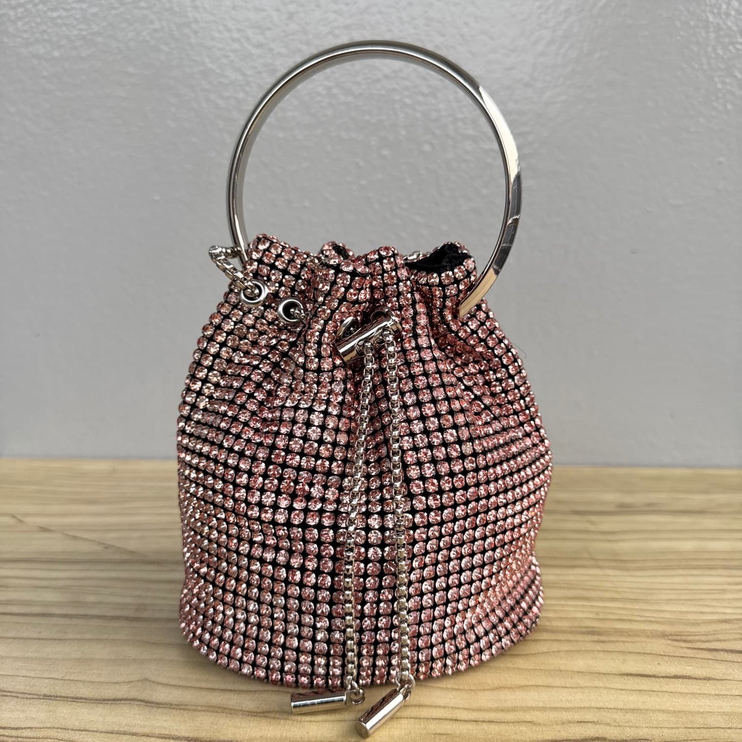 Rhinestone Ring Handle Drawstring Bucket Clutch Bag