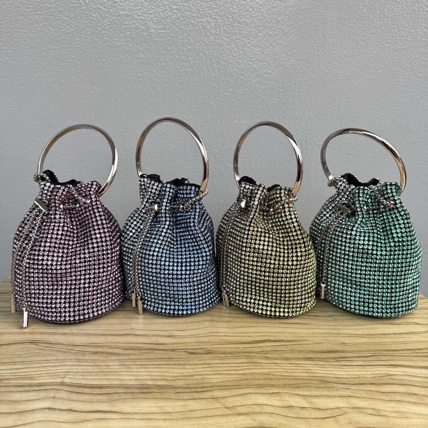 Ombre Rhinestone Ring Handle Drawstring Bucket Clutch Bag