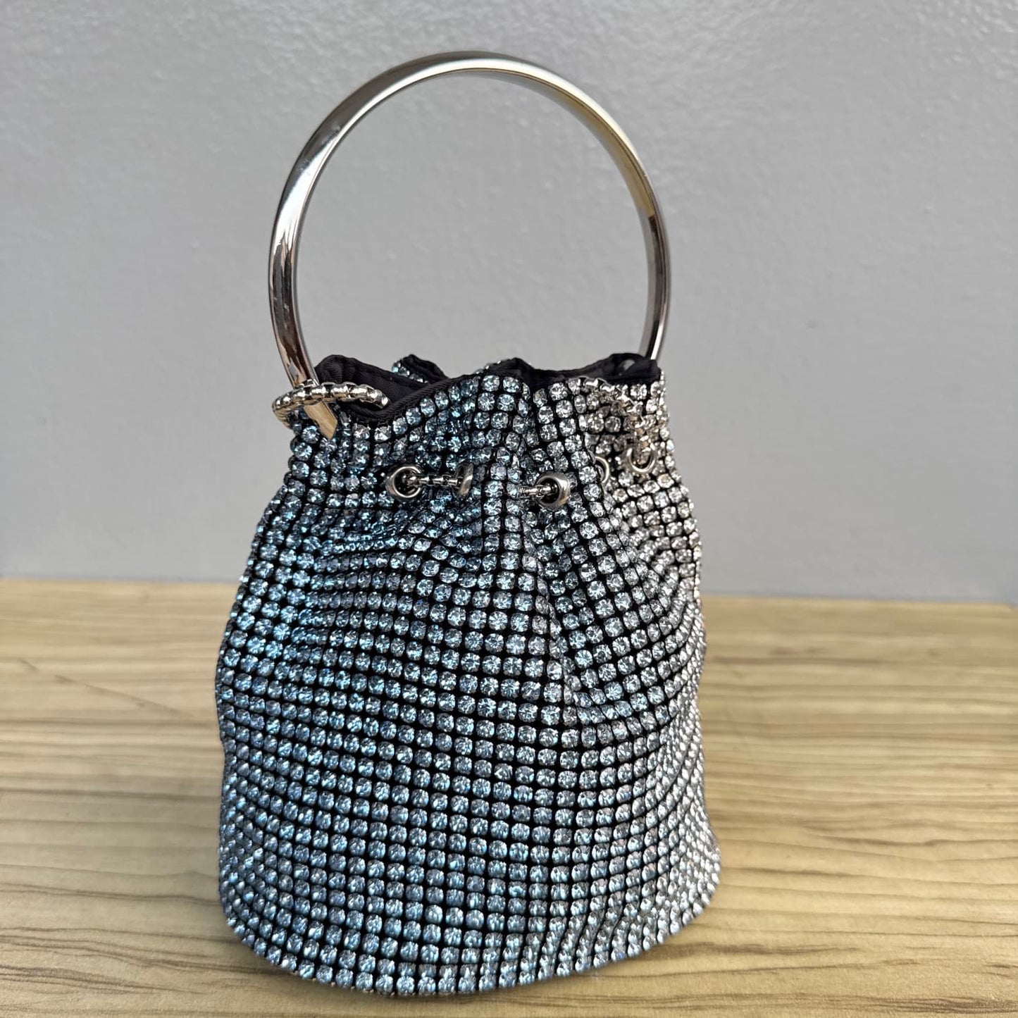 Ombre Rhinestone Ring Handle Drawstring Bucket Clutch Bag