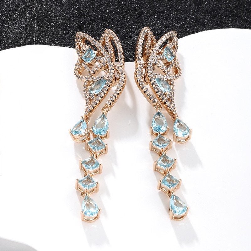 Gold Plated Butterfly Long Earrings - Mint Green