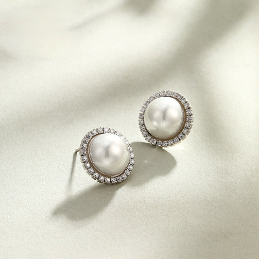 Circle Cubic Zirconia Pearl Stud Earrings