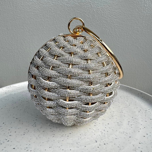 Round Ball Rhinestone Weave Clutch Purse With Ring Handle - Silver