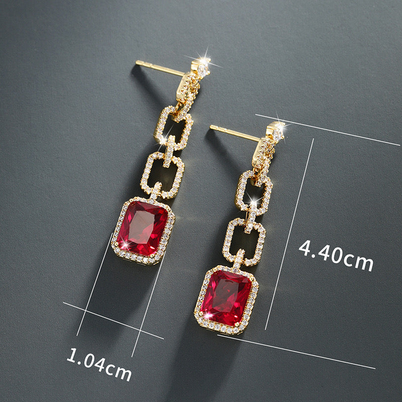 Gold Plated Chain Link Drop Earrings - Ruby Red