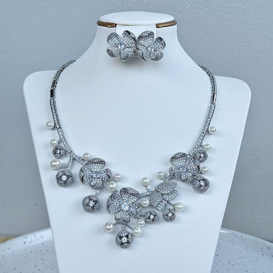 Luxury Statement 2 Piece Pearl Cubic Zirconia Jewelry Set - Silver