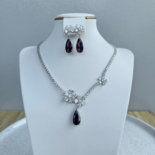 Stylish Drop Pendant Cubic Zirconia Necklace and Earring Jewelry Set - Purple