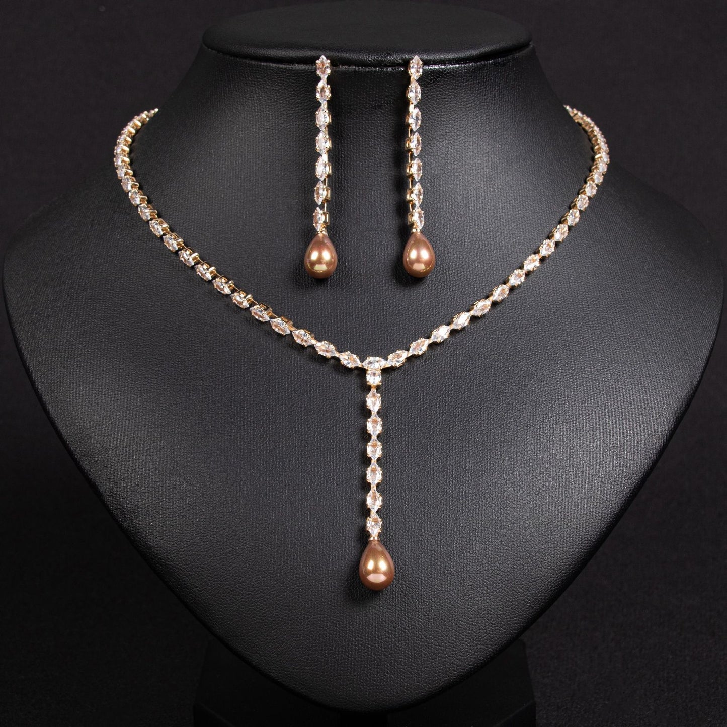 Simple Gold Plated Long Pendant Cubic Zirconia Pearl Necklace and Earring Jewelry Set - Bronze