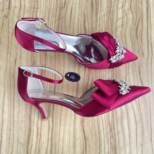 Pointed Toe Bow Detail Satin Kitten Heeled Shoe