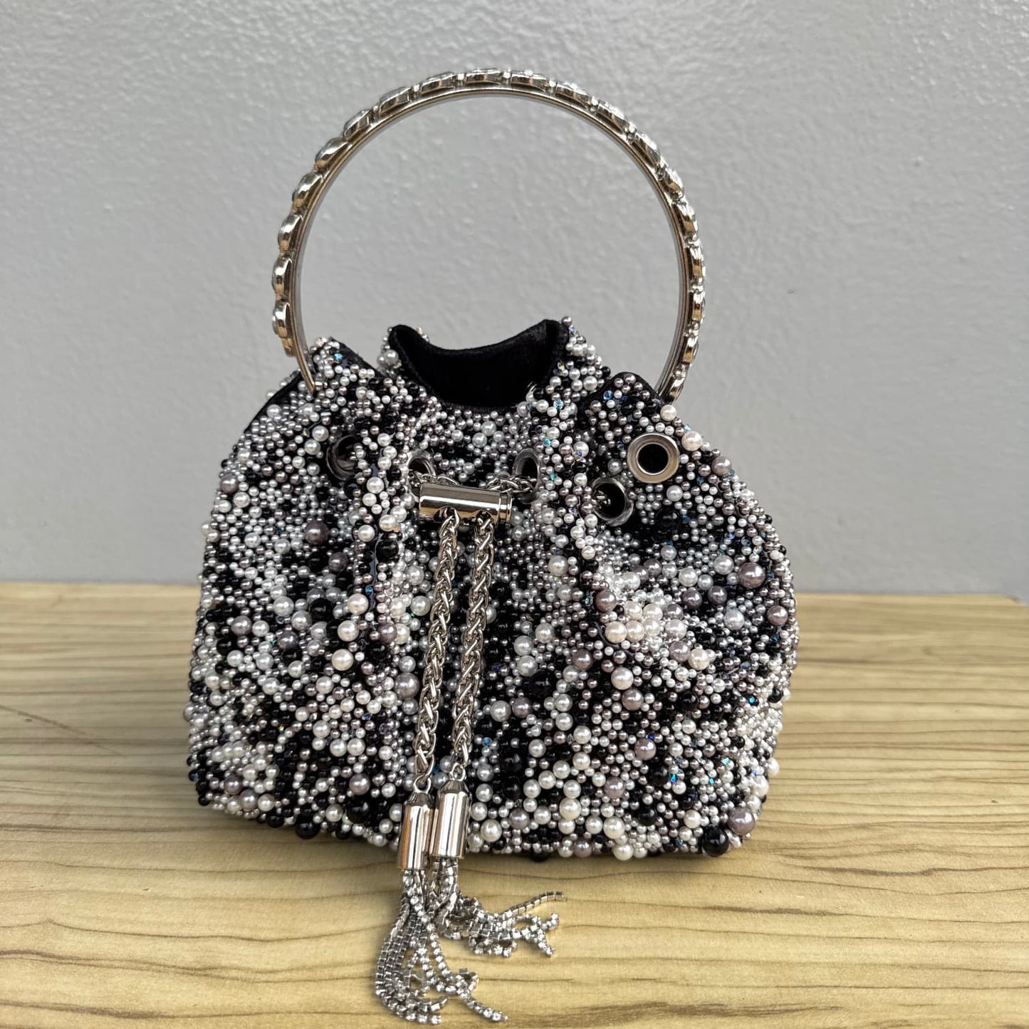 Beaded Ring Handle Rhinestone Drawstring Bucket Clutch Bag