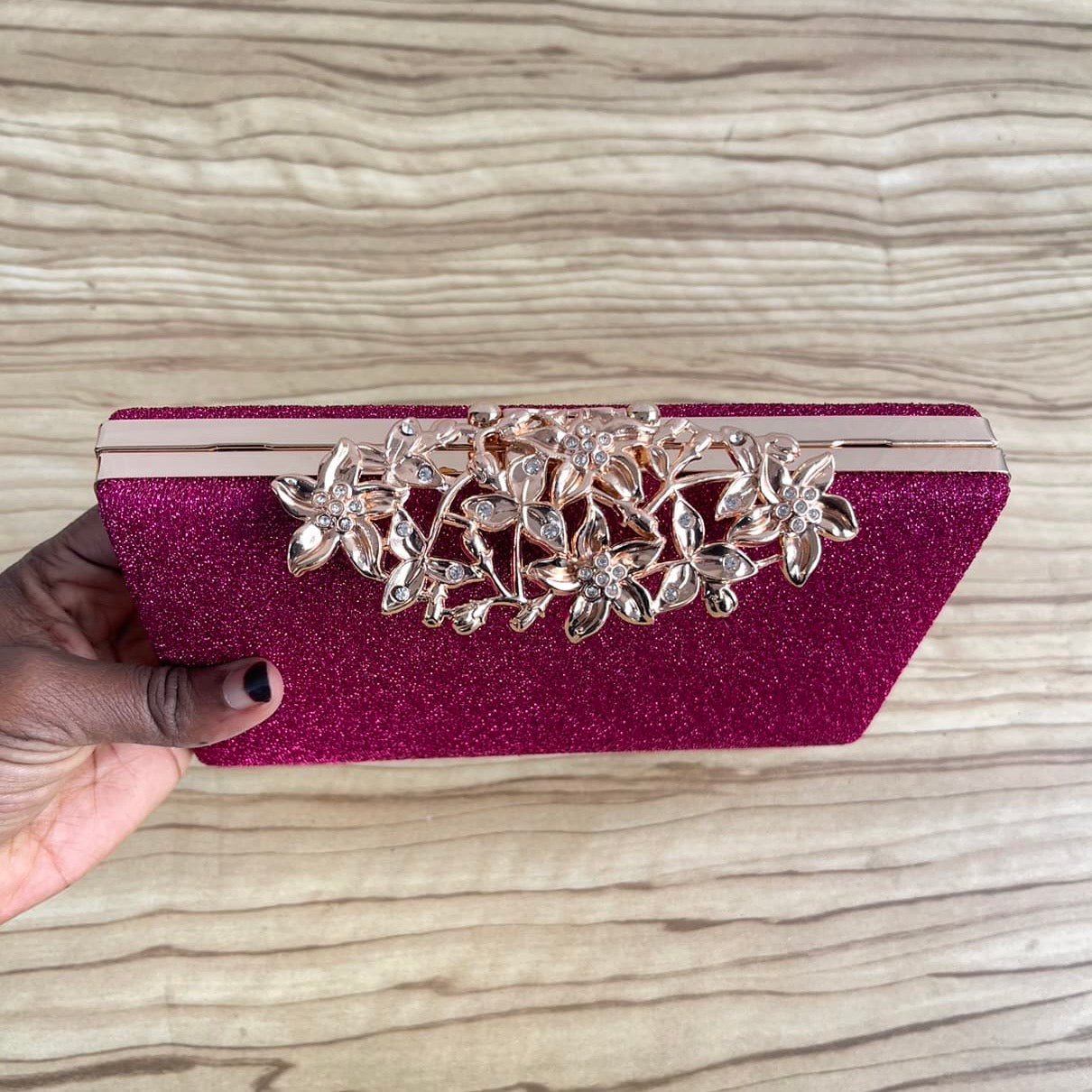 Flip Floral Clasp Glitter Clutch