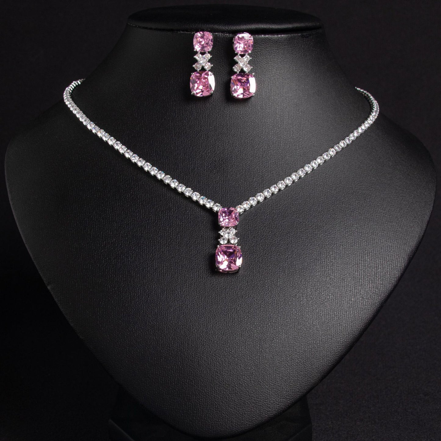 Simple X Drop Pendant Cubic Zirconia Necklace and Earring Set - Pink