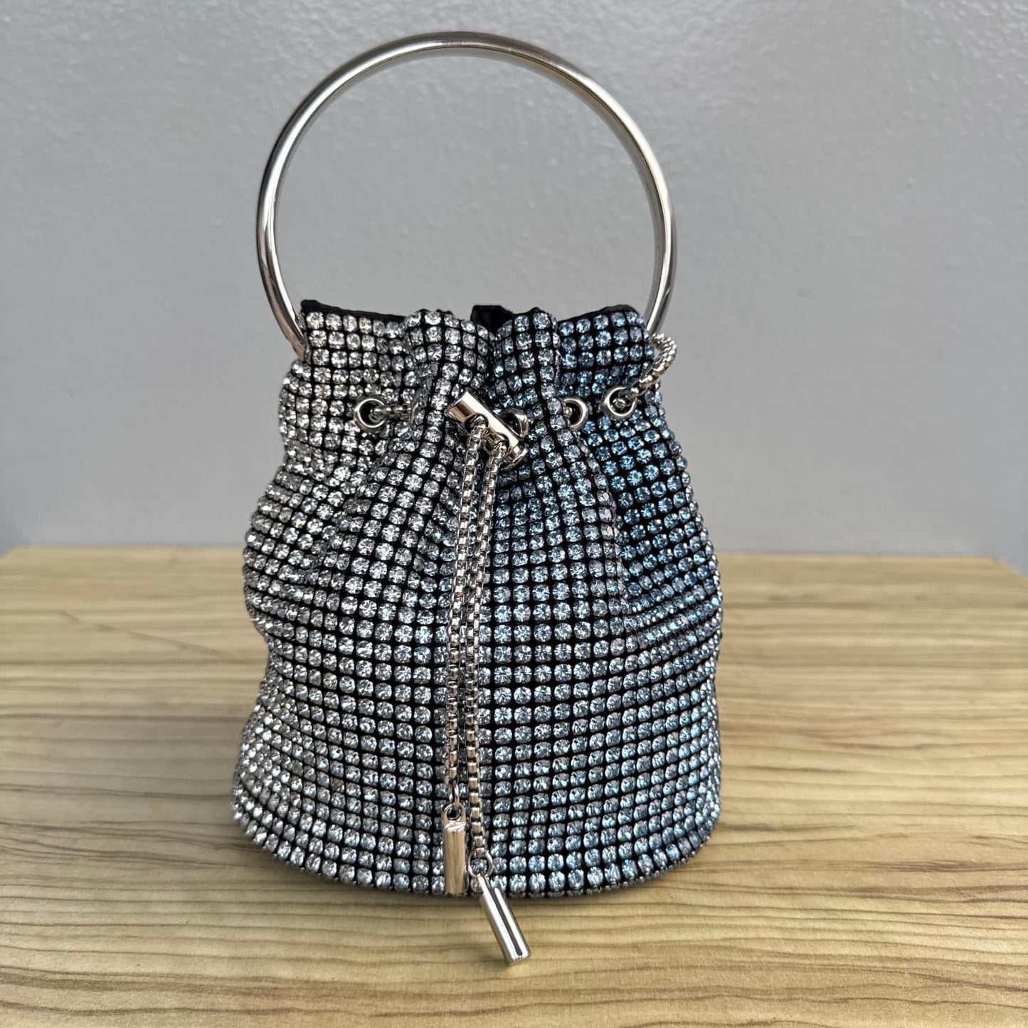 Ombre Rhinestone Ring Handle Drawstring Bucket Clutch Bag