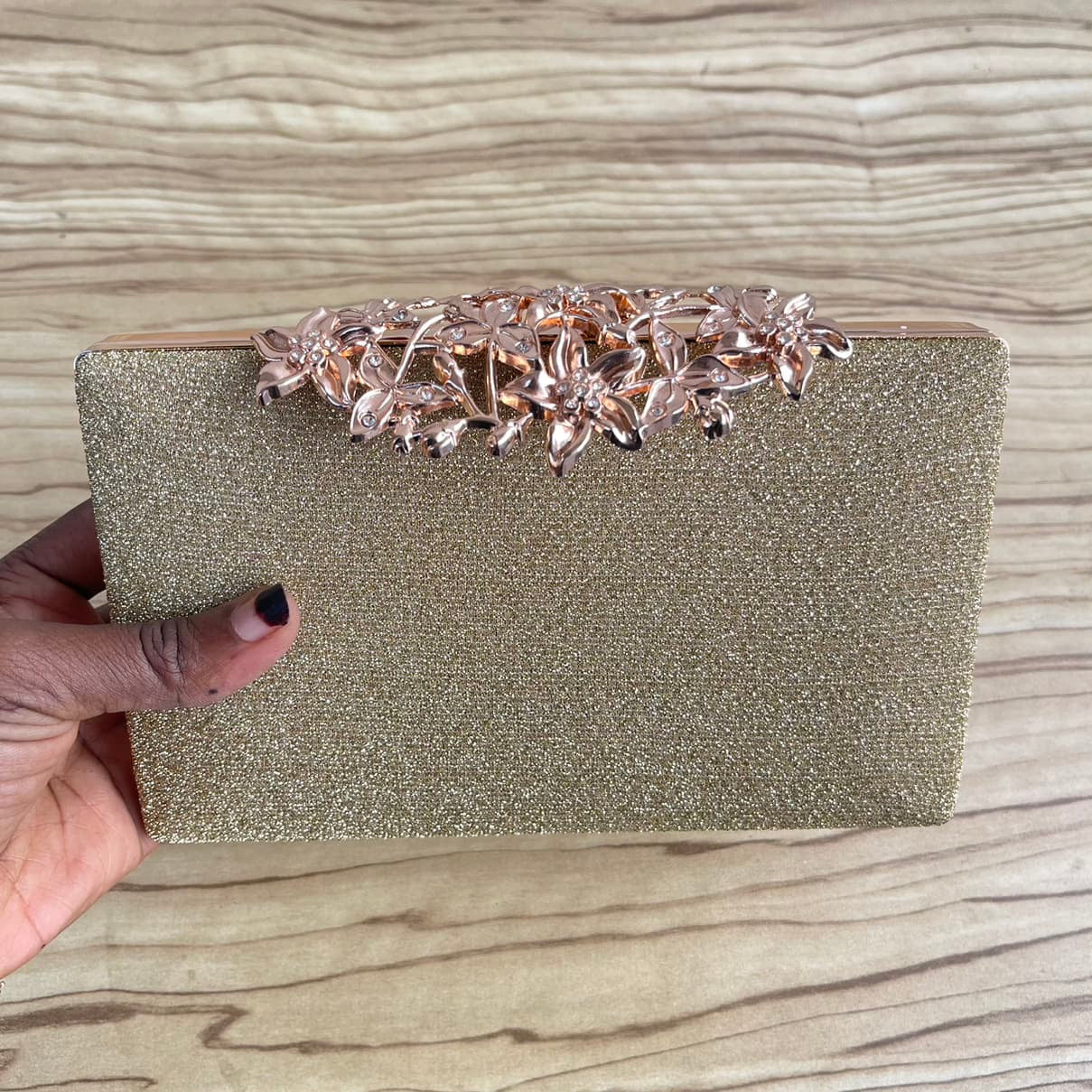 Flip Floral Clasp Glitter Clutch