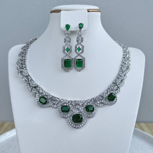 Statement Round Luxury Cubic Zirconia Necklace and Earring Set - Green