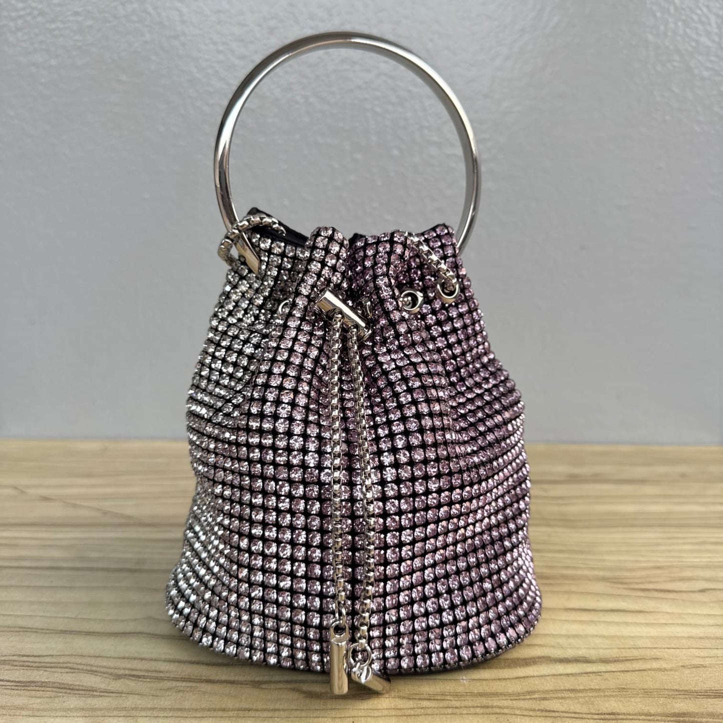 Ombre Rhinestone Ring Handle Drawstring Bucket Clutch Bag