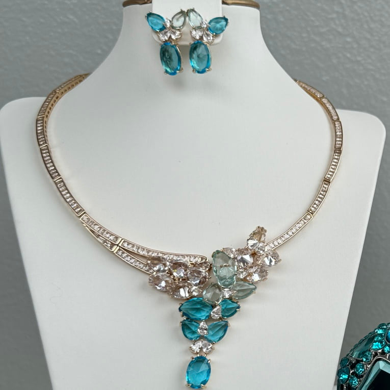 Luxury Statement Cubic Zirconia Drop Necklace and Earring Set - Turquoise Blue