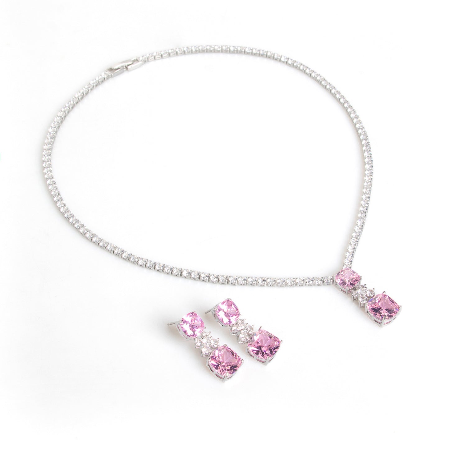 Simple X Drop Pendant Cubic Zirconia Necklace and Earring Set - Pink