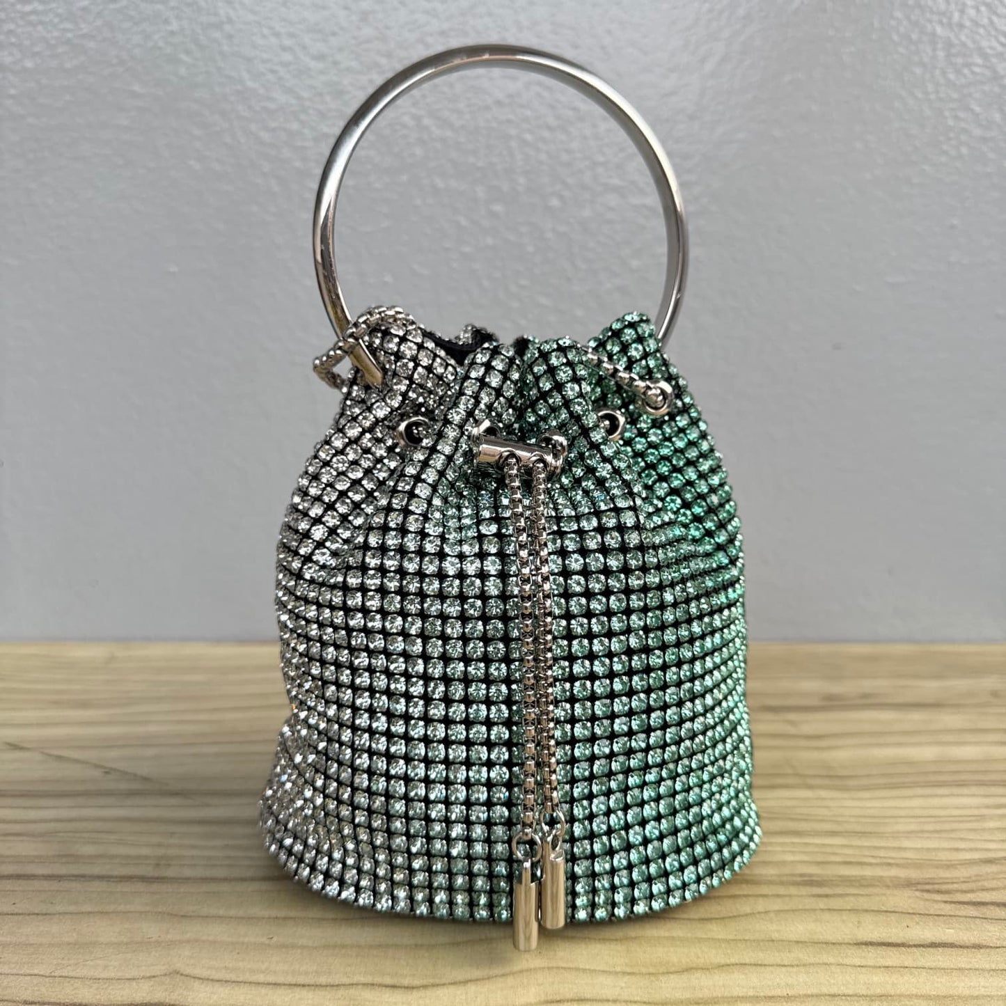 Ombre Rhinestone Ring Handle Drawstring Bucket Clutch Bag