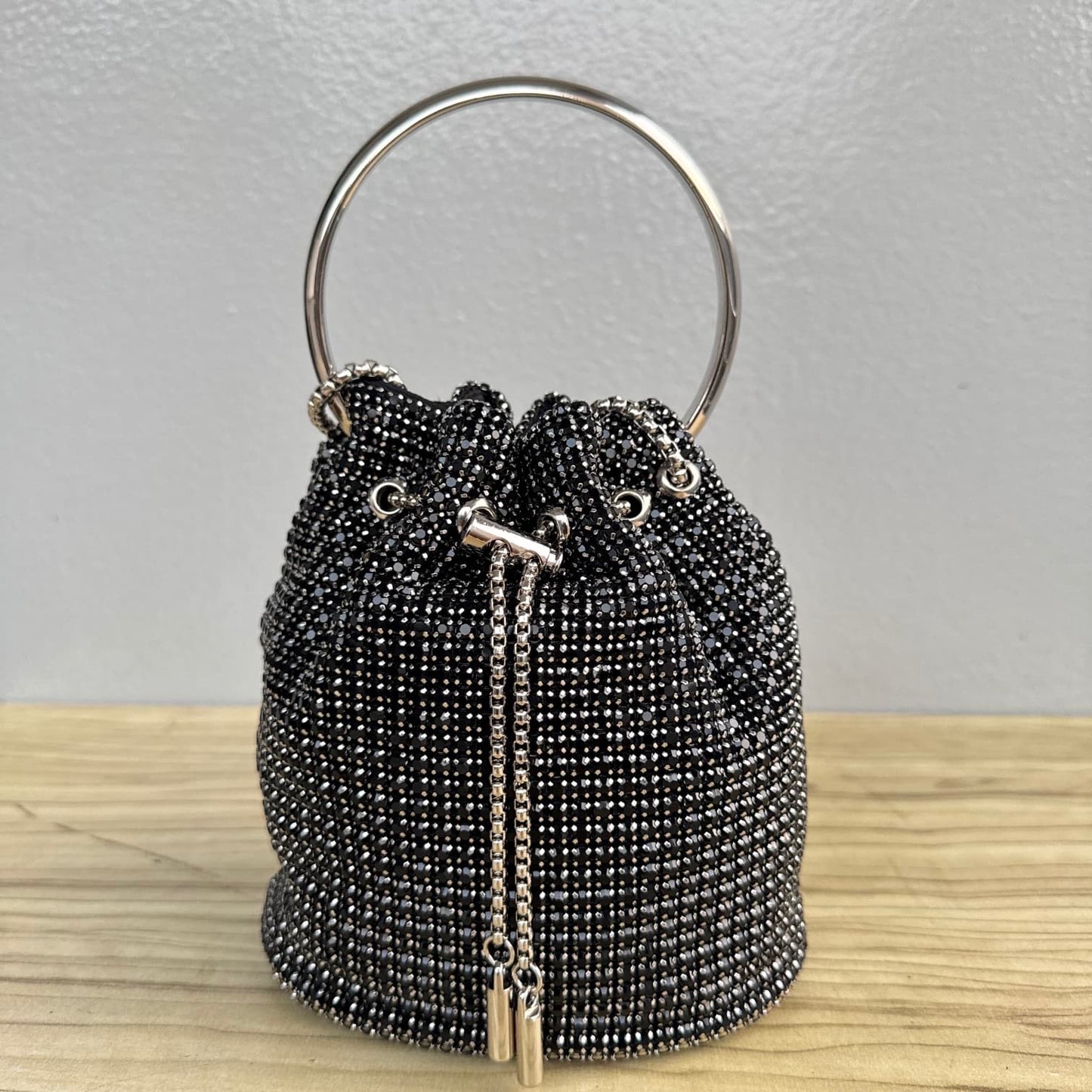 Rhinestone Ring Handle Drawstring Bucket Clutch Bag