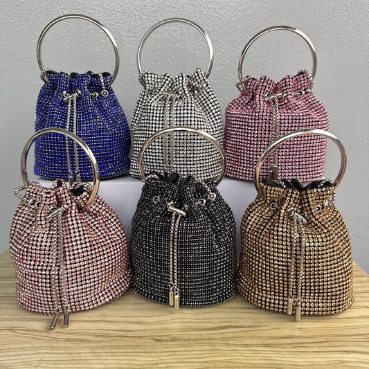 Rhinestone Ring Handle Drawstring Bucket Clutch Bag