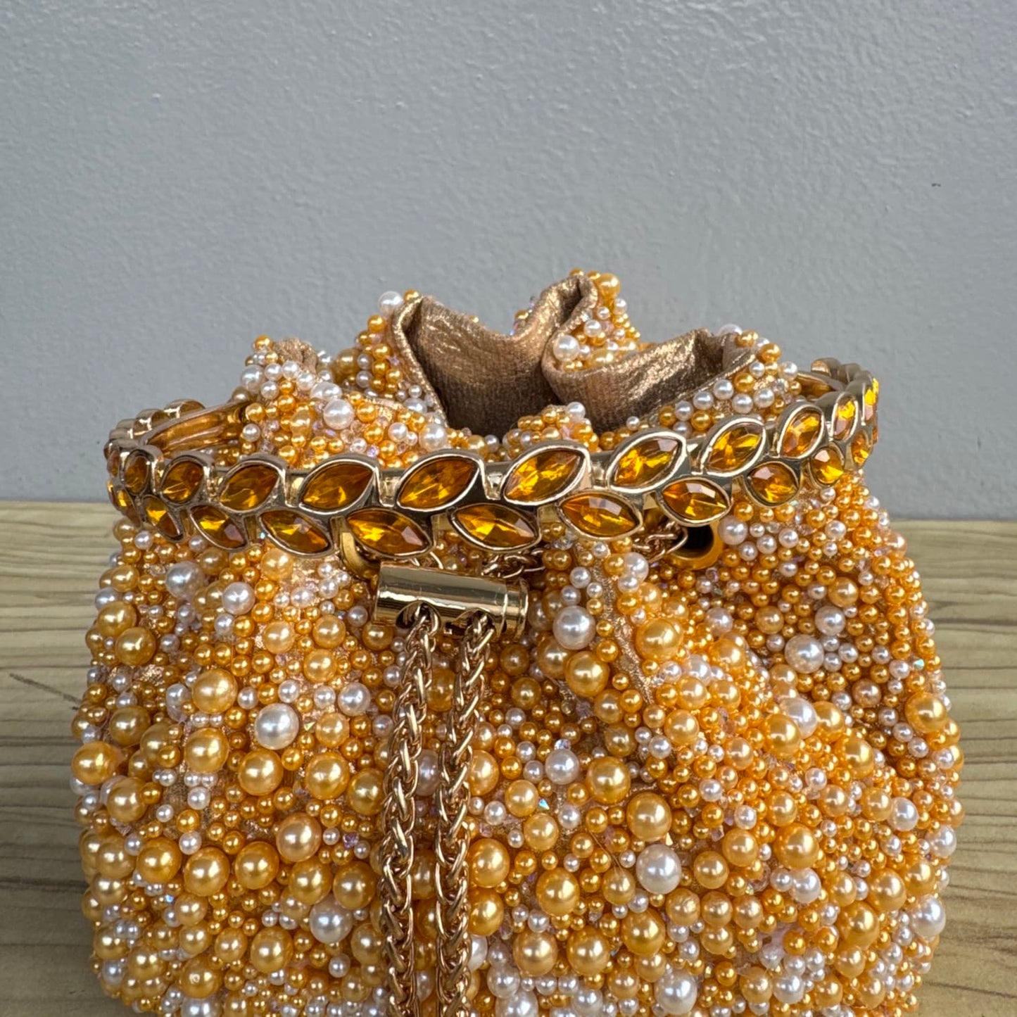 Beaded Ring Handle Rhinestone Drawstring Bucket Clutch Bag