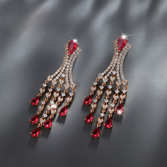 Gold Plated Tassel Earrings - Ruby Red