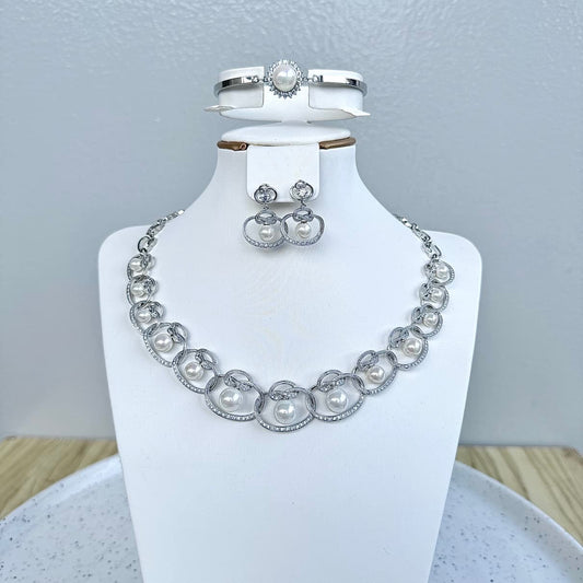 Luxury Statement Pearl Cubic Zirconia Jewelry Set - Silver