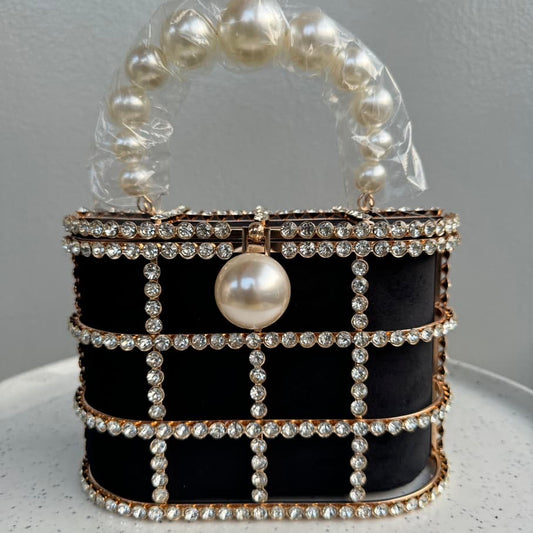 Lattice Cage Clutch Bag With Pearl Handle