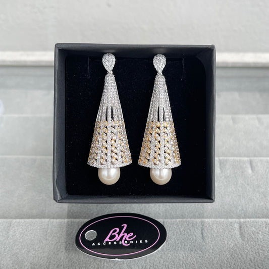 2 Tone Long Pearl Cubic Zirconia Earrings