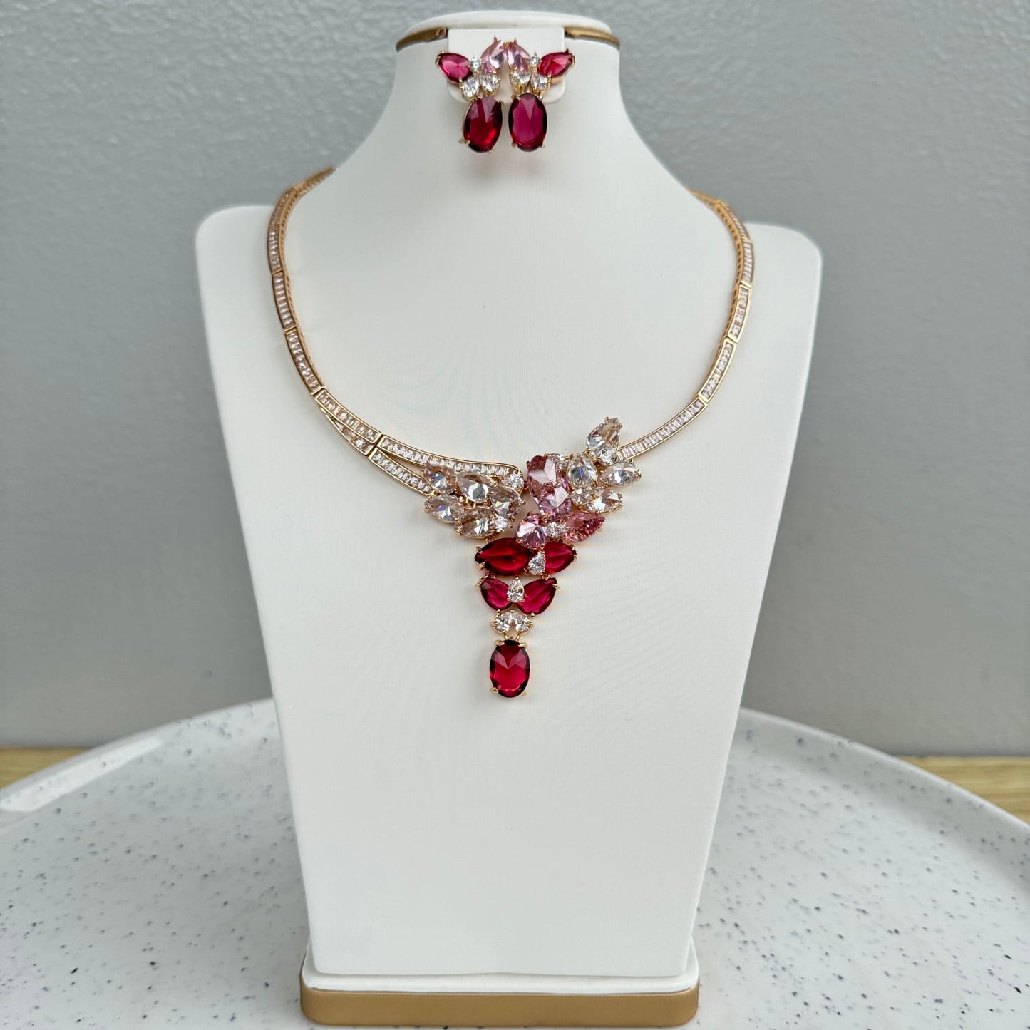 Luxury Statement Cubic Zirconia Drop Necklace and Earring Set - Pink