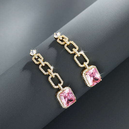 Gold Plated Chain Link Drop Earrings - Pink