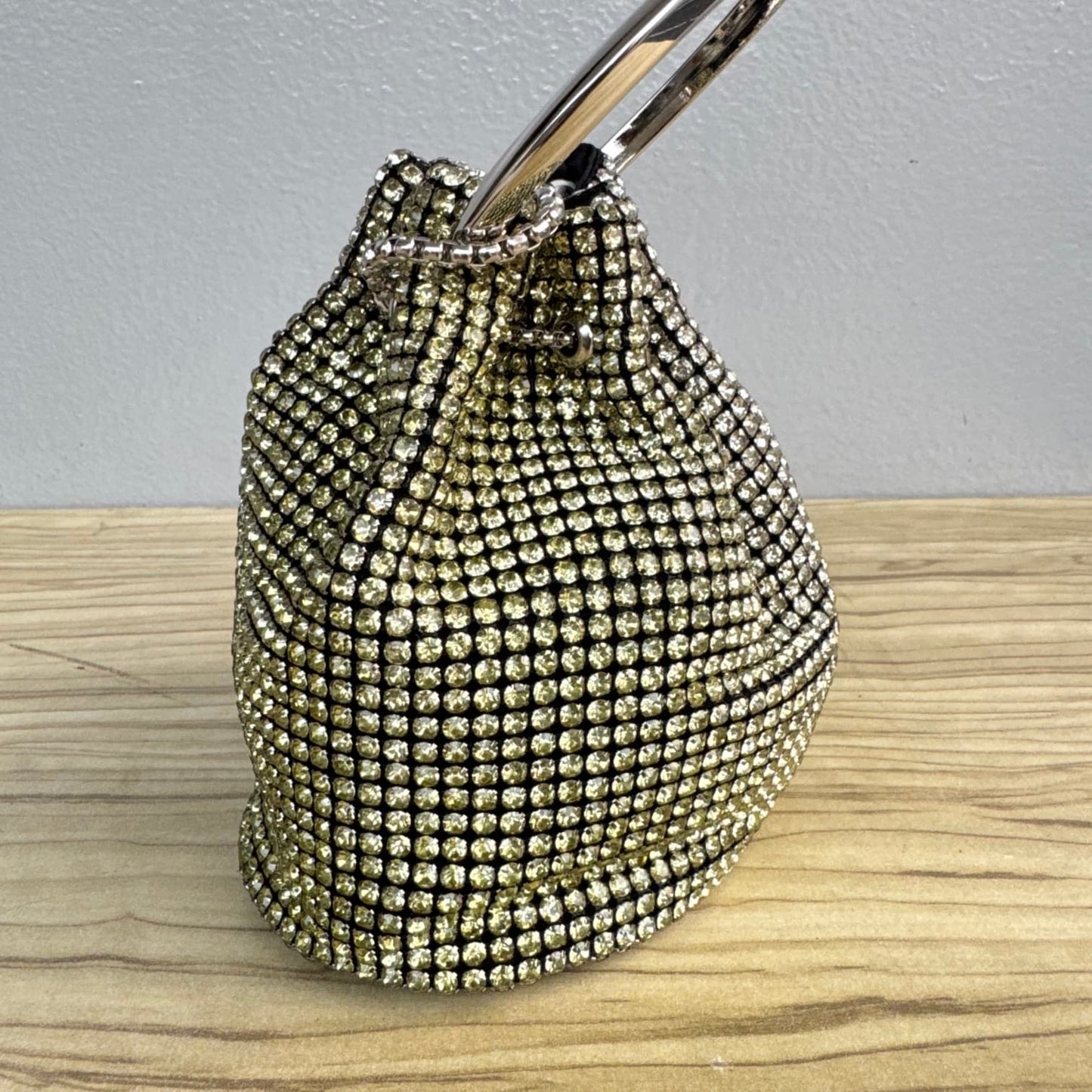 Ombre Rhinestone Ring Handle Drawstring Bucket Clutch Bag