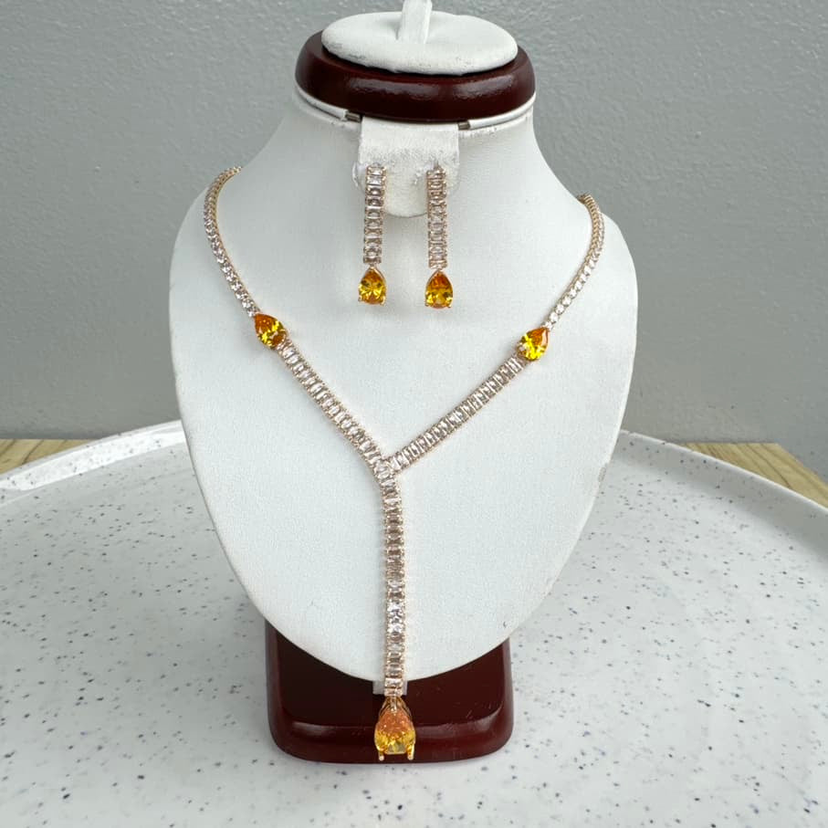 Gold Plated Long Pendant Cubic Zirconia Necklace and Earring Jewelry Set - Yellow