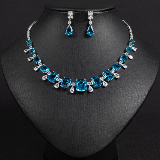 Round Silver Tone Cubic Zirconia Necklace and Earring Set - Cyan Blue