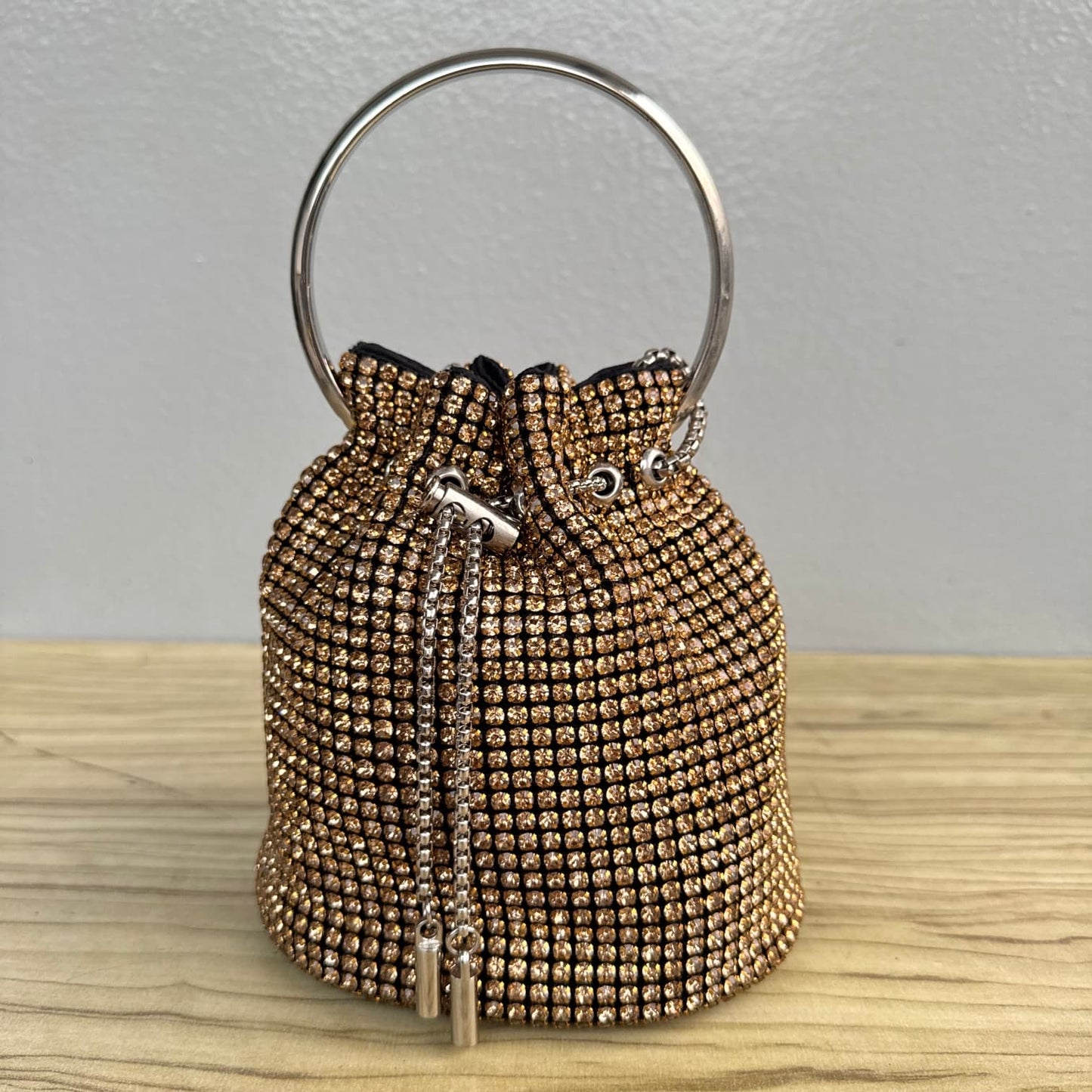 Rhinestone Ring Handle Drawstring Bucket Clutch Bag